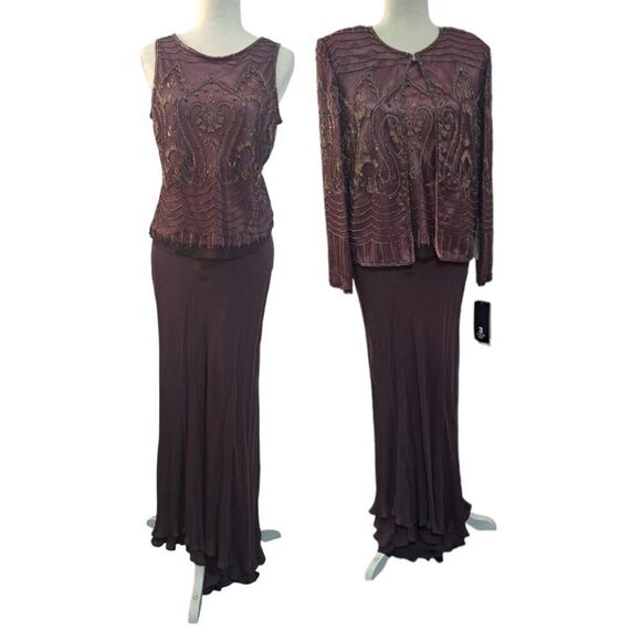 Adrianna Papell 3 Pc Set Silk Embellish Top Skirt Jacket Wedding Party Plum Sz10 - Picture 11 of 15